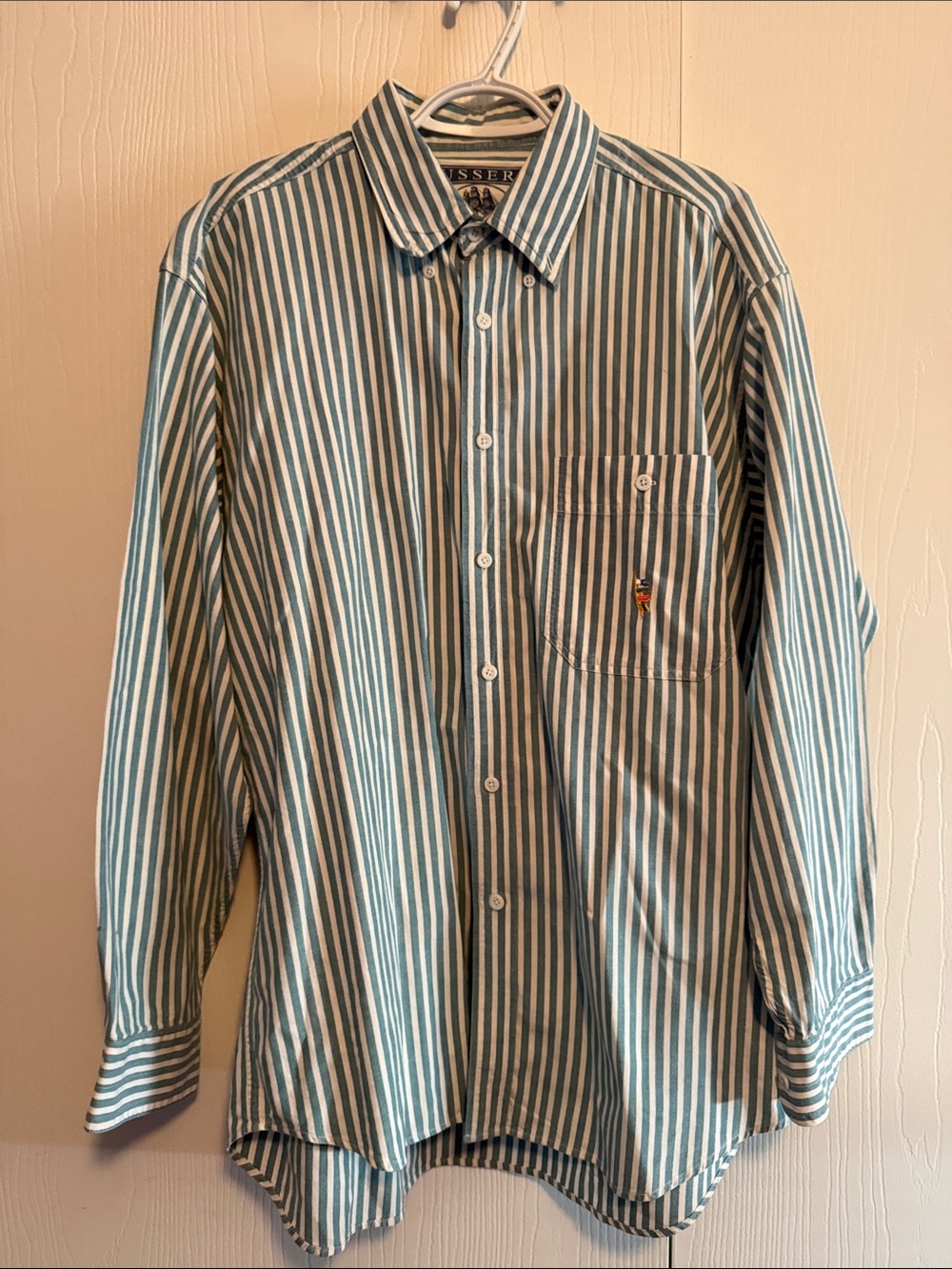 Pusser’s West Indies men’s Striped Button-Down Nautical shirt- Teal/White